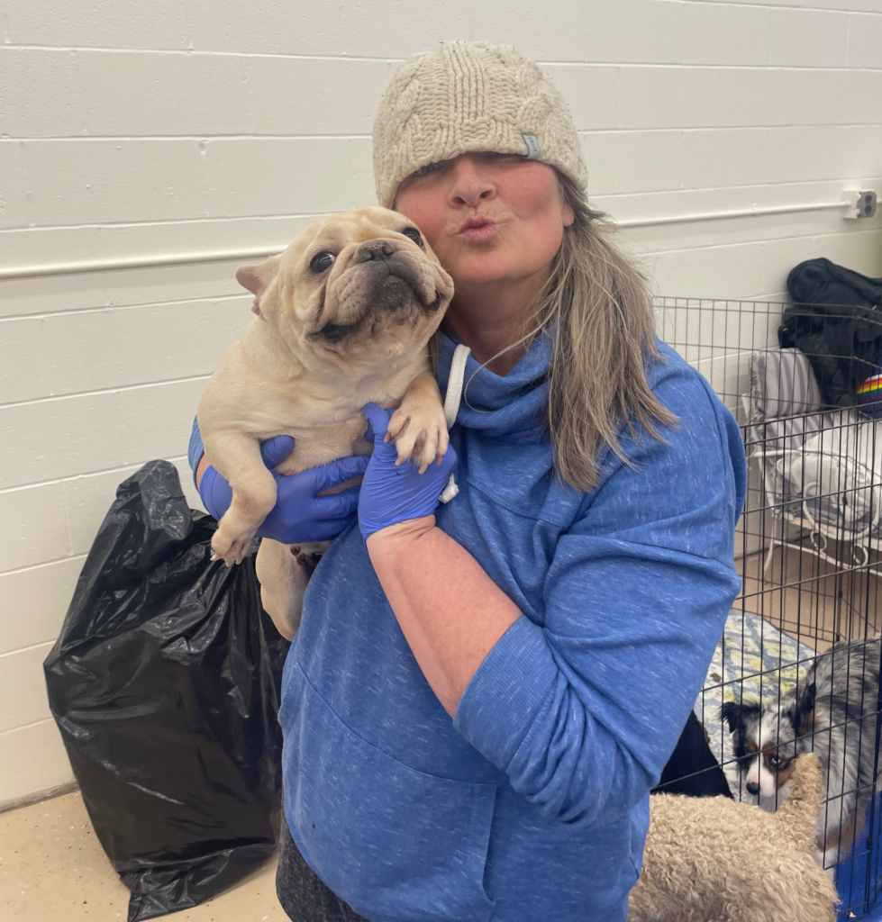 Tammy Coe holding a french bulldog